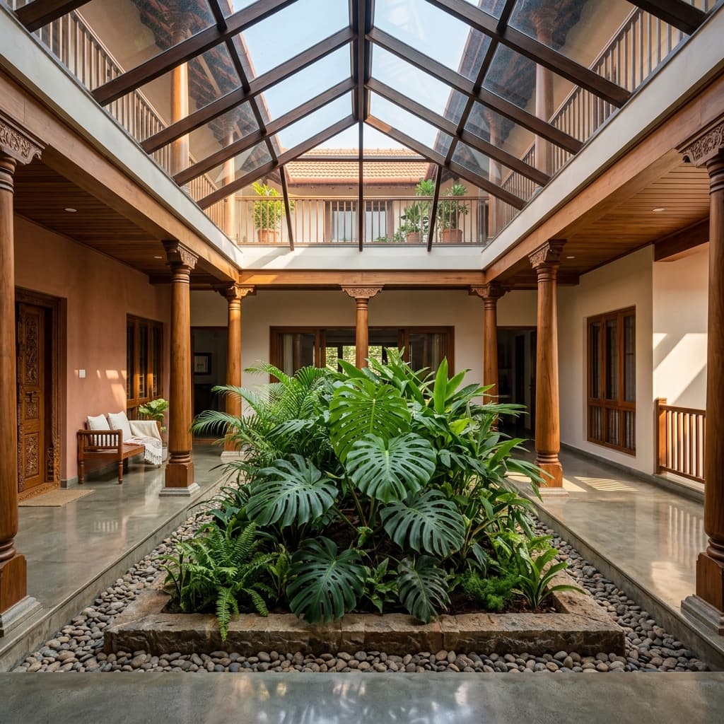Sunlight streaming through glass roof into central courtyard